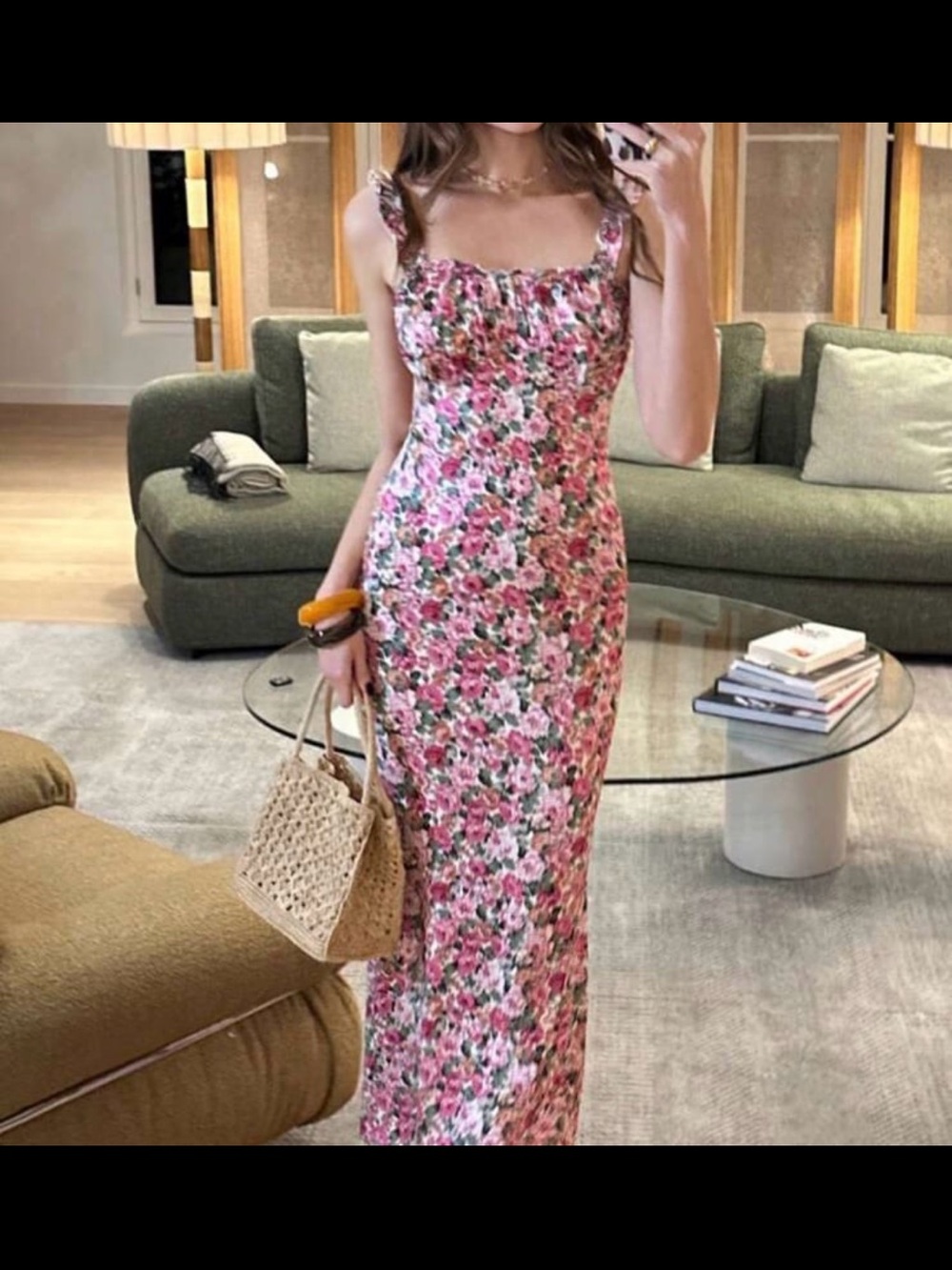 Floral Pink Midi Dress with Square Neck